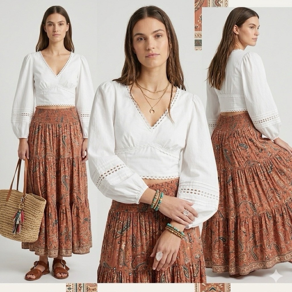 A New Day Cropped Blouse White Puff Sleeve Crochet Trim Women L Cottagecore Boho
